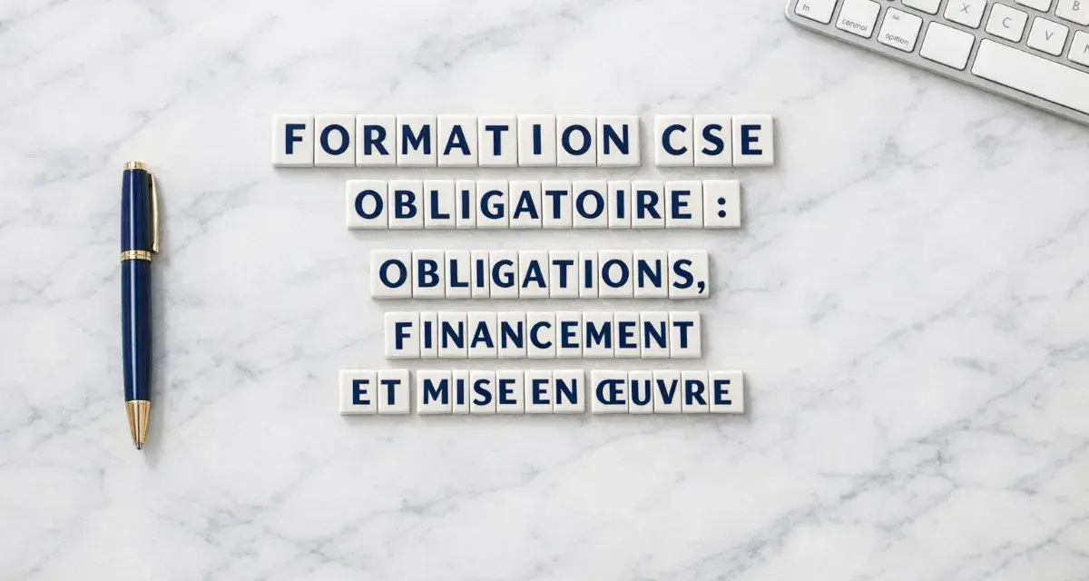 Formation CSE obligatoire : obligations, financement et mise en œuvre. Un stylo bleu et un clavier sur fond marbre.