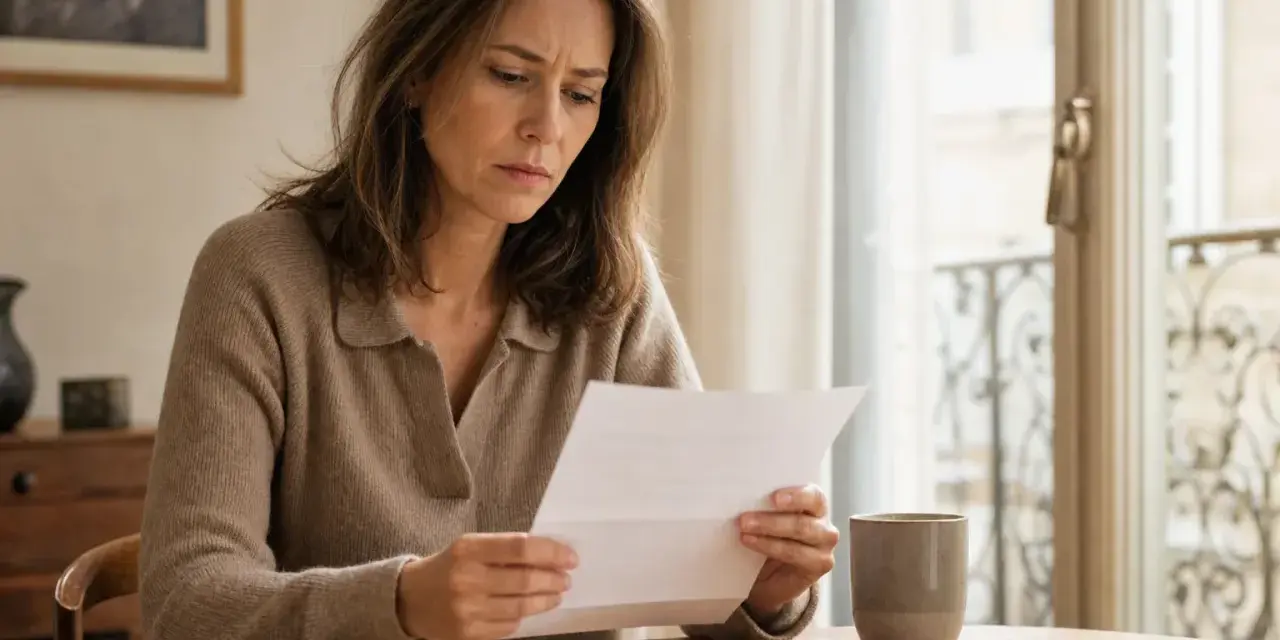 Femme soucieuse lisant une lettre, peut-être une relance pour 1 mois de loyer impayé. Une tasse de café à côté.