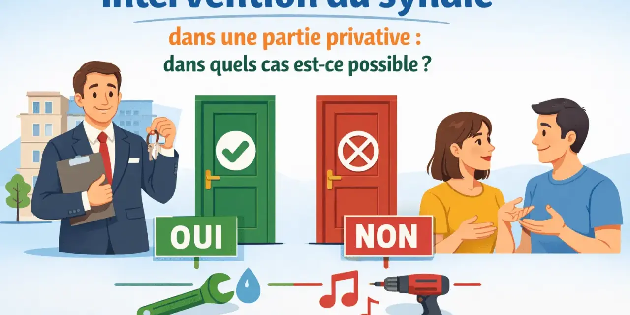 Un syndic avec des clés devant une porte verte "OUI" et une porte rouge "NON". Illustration sur l'intervention du syndic dans une partie privative.