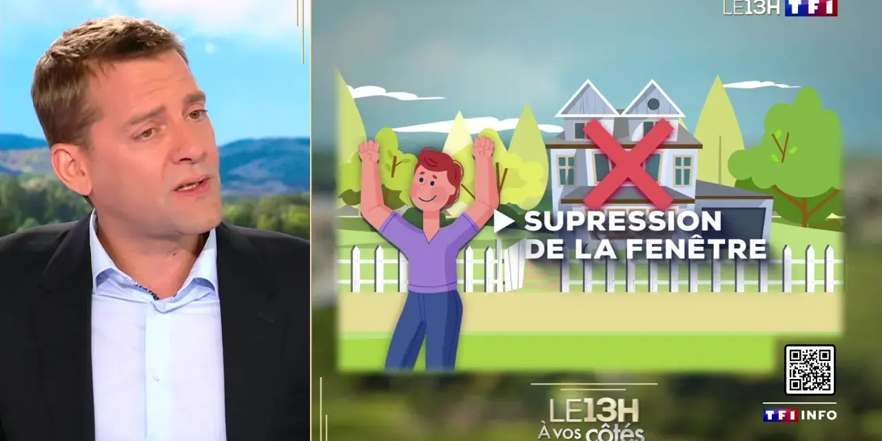 Illustration d'une maison avec une croix rouge sur une fenêtre, symbolisant la perte d'intimité vue plongeante. Un personnage joyeux célèbre la suppression de la fenêtre.