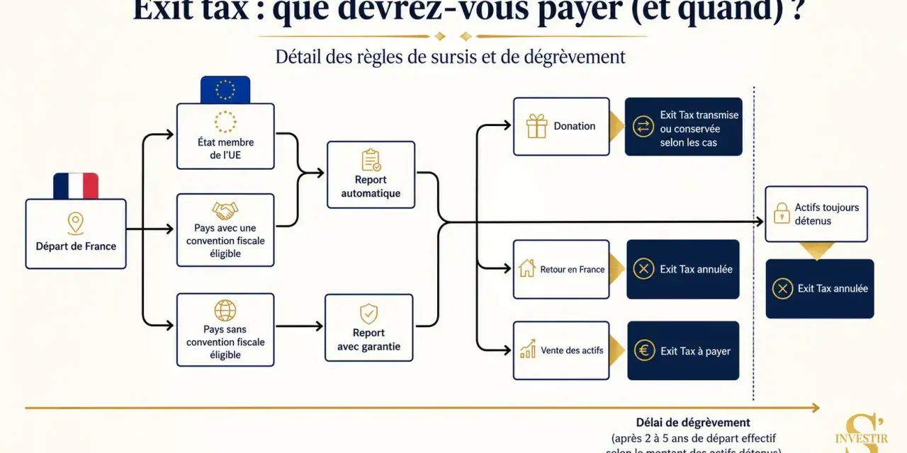 Schéma expliquant l'exit tax en France : départ, pays de destination (UE, convention fiscale), report, donation, vente d'actifs, et conditions d'annulation ou de paiement.
