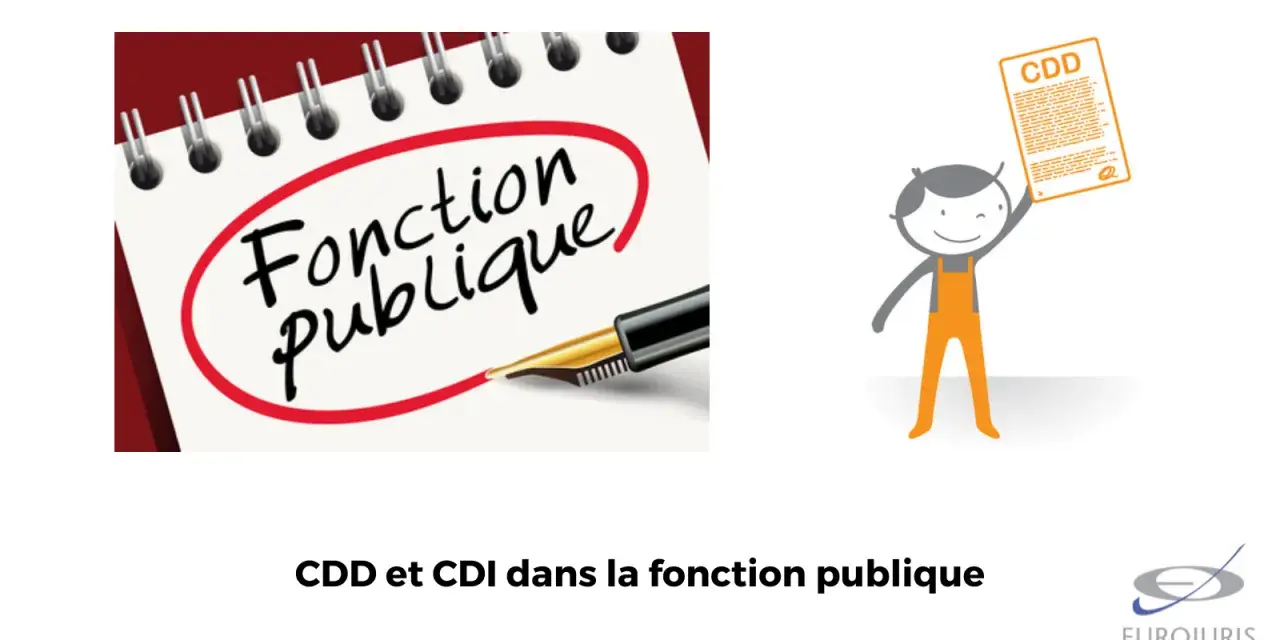 Illustration sur le CDI et CDD dans la fonction publique, avec un carnet "Fonction publique" et un personnage tenant un CDD.