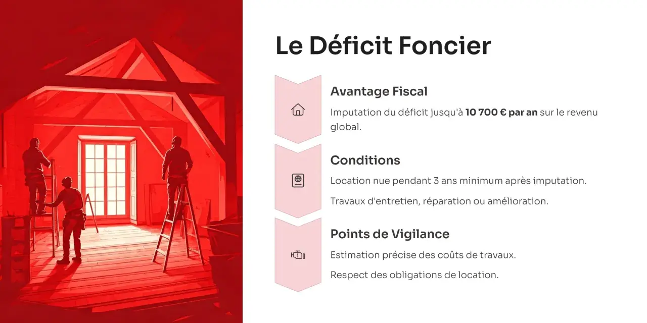 Travaux dans un grenier rougeoyant, avec des ouvriers sur des échelles. Le texte explique le déficit foncier, avec une imputation jusqu'à 10 700 € par an sur le revenu global.