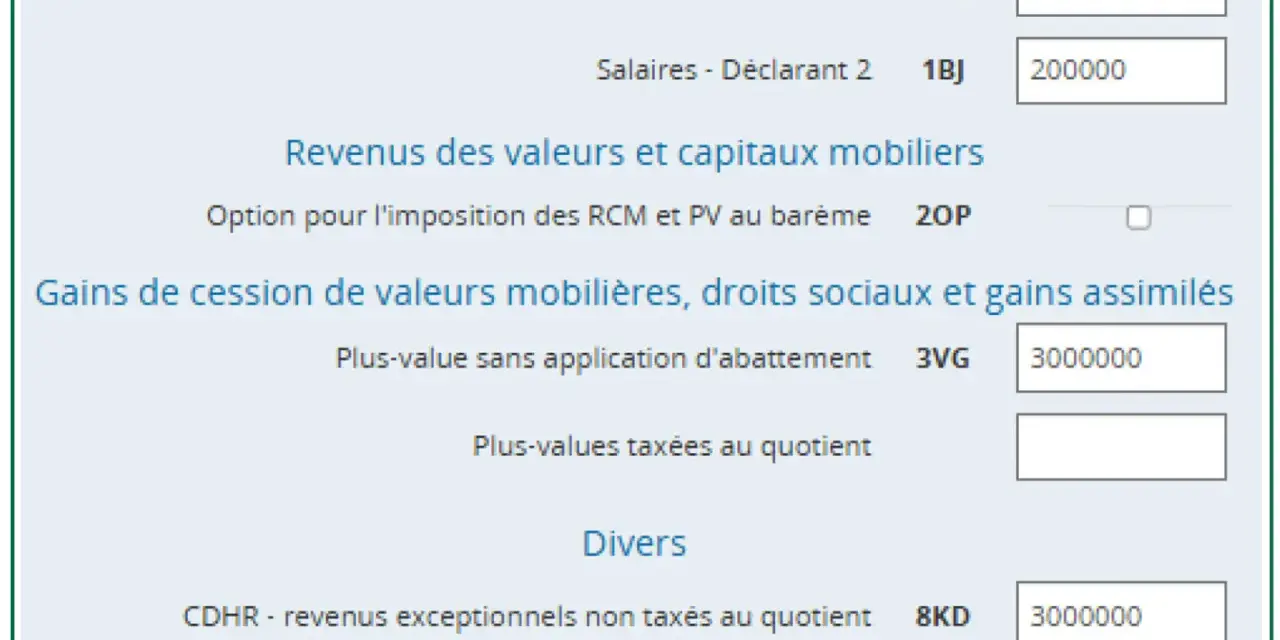 Exemple de revenus exceptionnels : 3000000€ déclarés pour les plus-values sans abattement et 3000000€ pour les revenus exceptionnels non taxés au quotient.