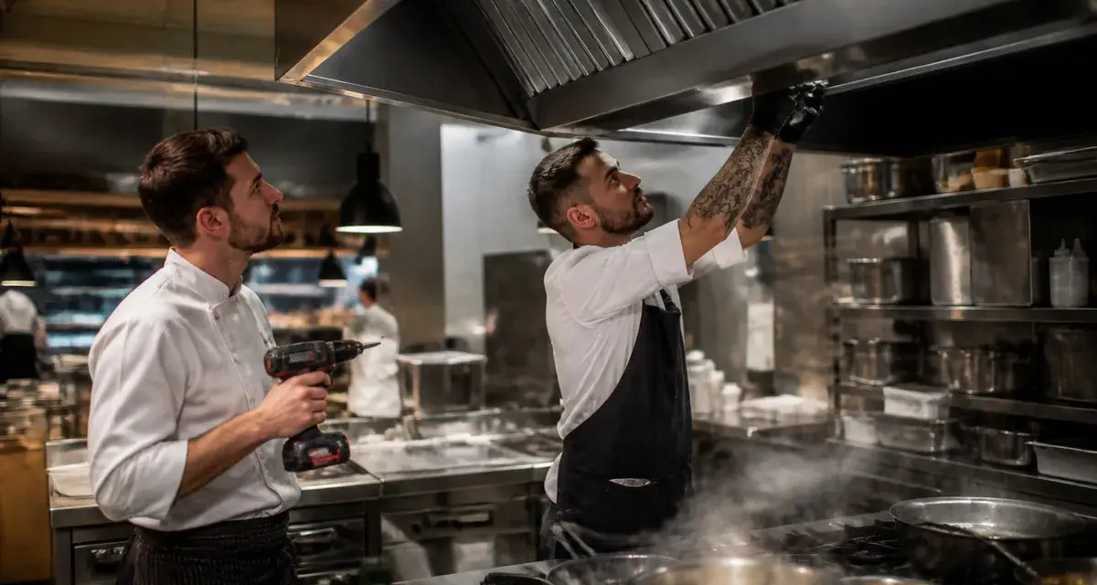 Installation d'une hotte d'extraction dans un restaurant en copropriété. Deux chefs travaillent sur le système de ventilation.