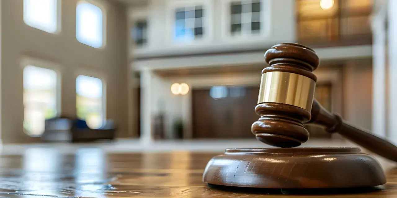 Marteau de juge sur une table en bois, prêt pour une vente par adjudication dans une maison spacieuse.