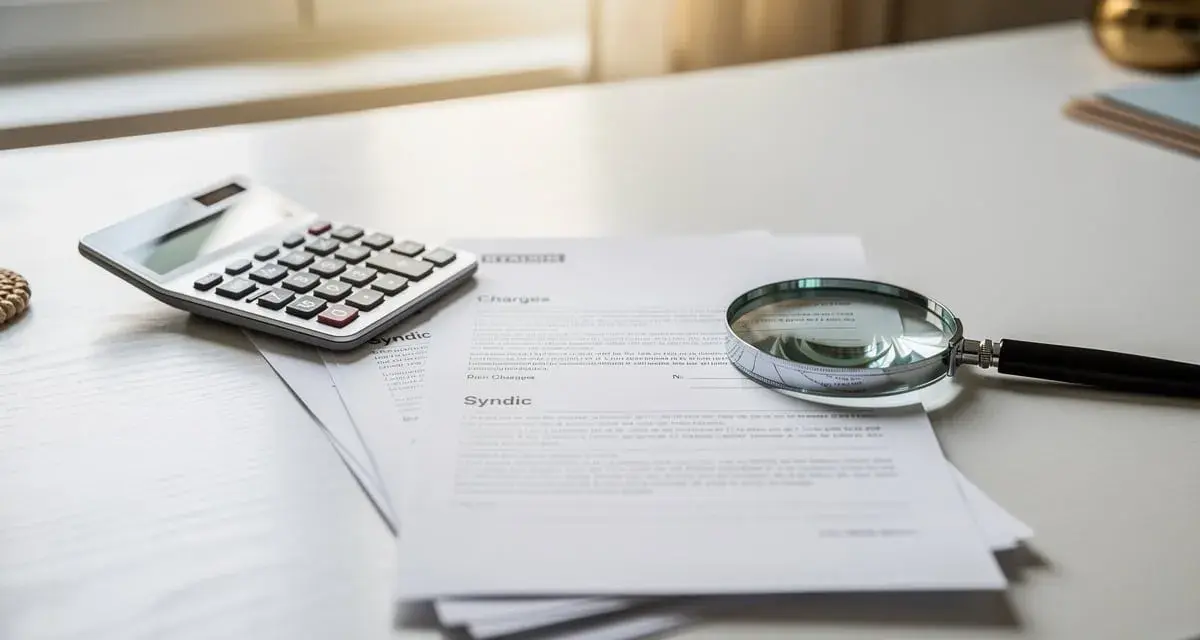 Calculatrice et loupe sur des documents pour contester charges de copropriété.