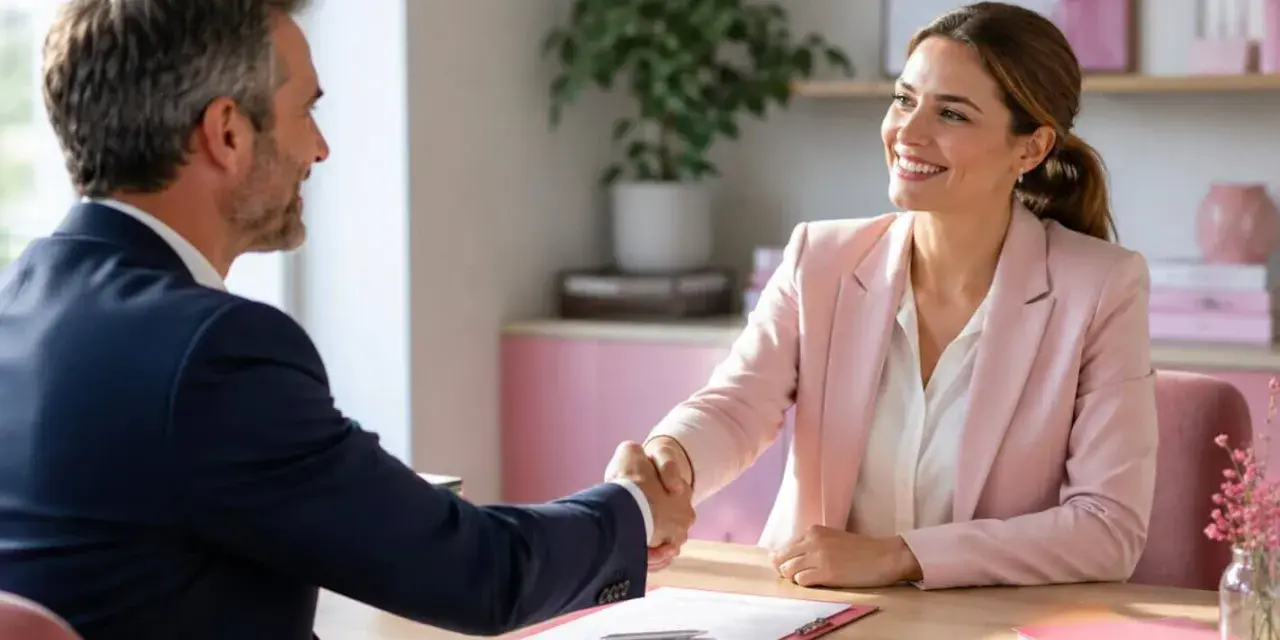 Un homme et une femme se serrent la main, souriants, autour d'un document. Une étape clé dans la procédure rupture conventionnelle salarié protégé.