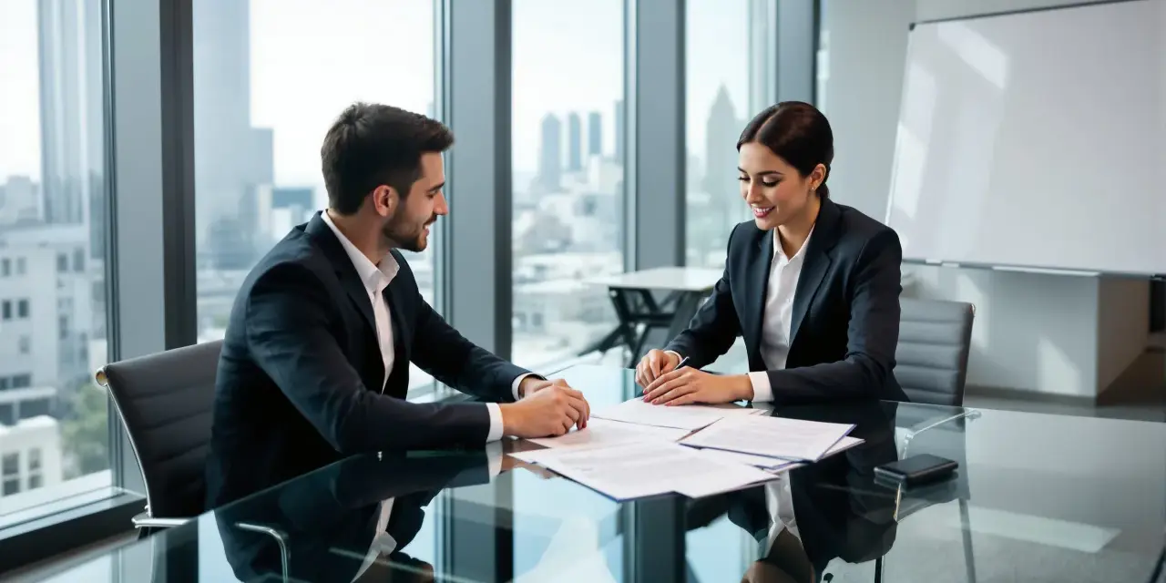 Un homme et une femme en costume discutent de documents. Ils semblent discuter de le piège du licenciement pour inaptitude.