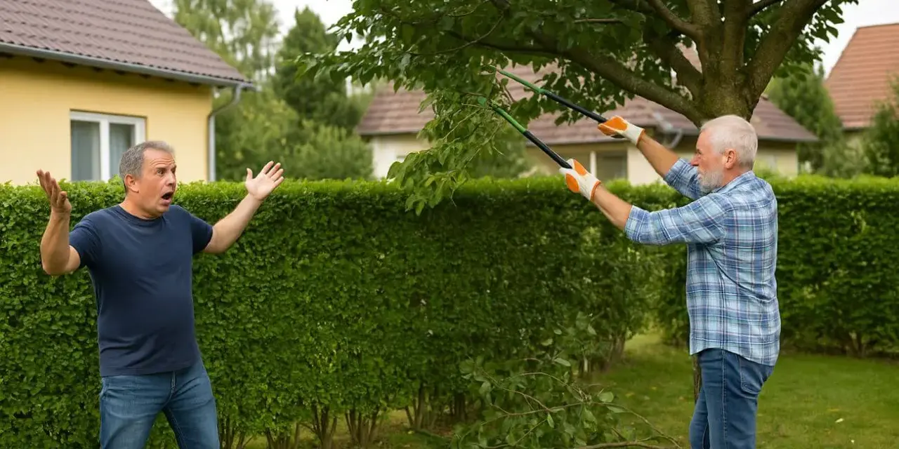 Un homme s'exclame, les mains levées, tandis que son voisin coupe des branches. La question "peut on couper les branches du voisin" est au cœur de cette scène.