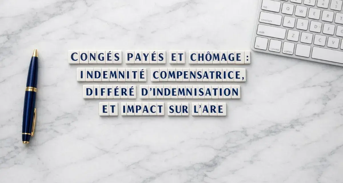Congés payés non pris, indemnité compensatrice, différé d'indemnisation et impact sur l'ARE. Stylo et clavier sur fond marbre.