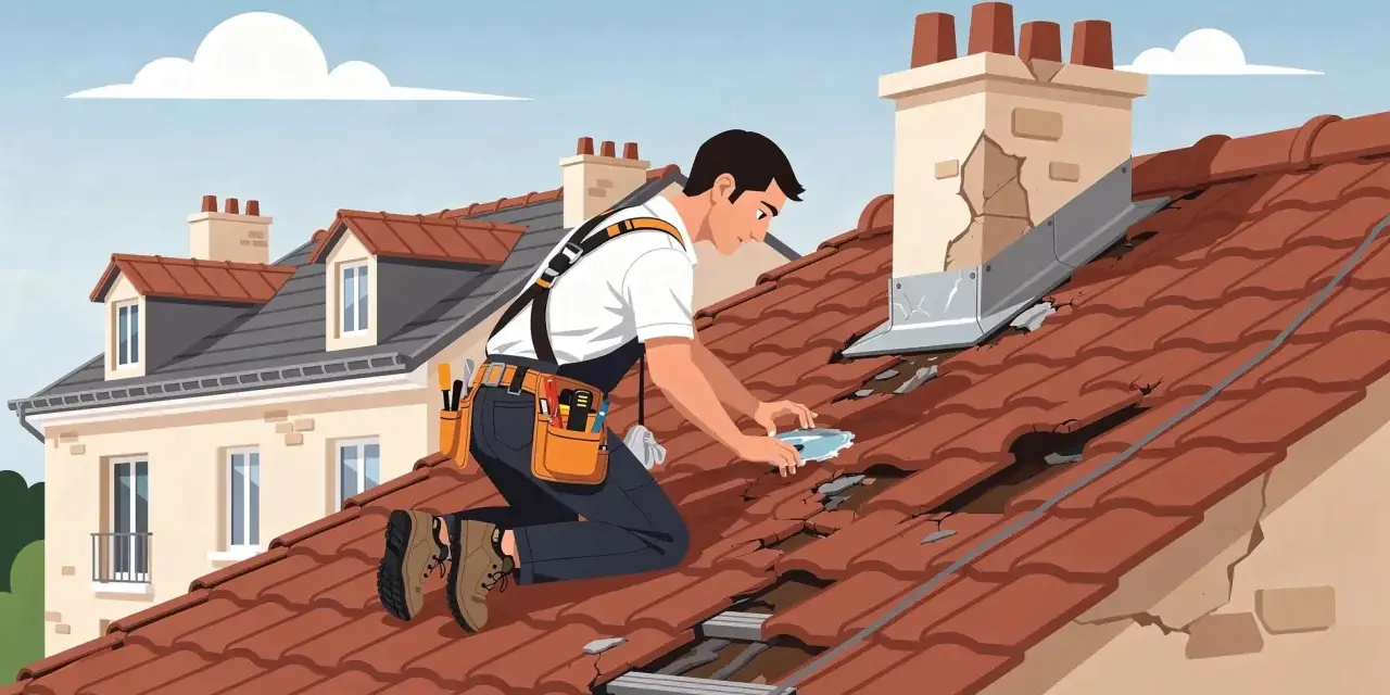 Un couvreur inspecte un toit endommagé, signe d'un défaut d'étanchéité. La garantie décennale couvre ces réparations.