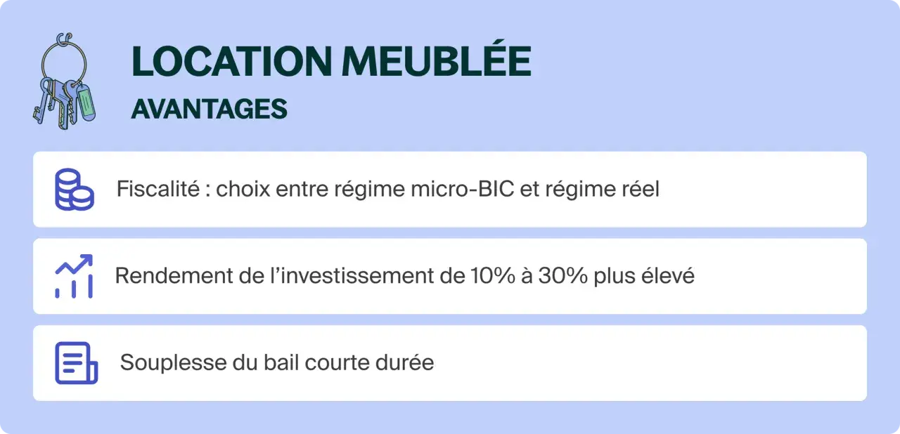 Avantages de la location meublée : fiscalité avantageuse, rendement élevé et souplesse. Idéal pour savoir comment déclarer une location meublée à l'année.