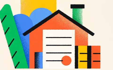 Illustration abstraite d'une maison avec des formes géométriques colorées. Le concept de servitude par destination du père de famille est représenté par l'ensemble harmonieux des éléments.