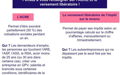 L'ACRE offre une exonération des cotisations sociales. Le versement libératoire permet de payer ses impôts sur le chiffre d'affaires.