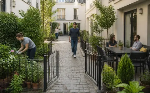 Cour intérieure paisible. Une femme jardine, un homme marche, un couple discute à table. La **servitude non altius tollendi** garantit la vue dégagée.