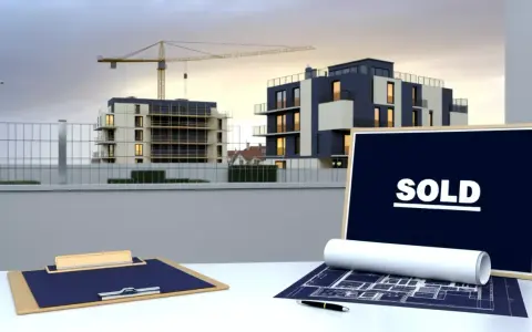 Chantier immobilier avec immeubles modernes, grue et panneau "SOLD". Pas de retard livraison VEFA, tout est vendu !