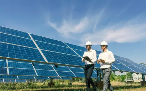Deux hommes en casque blanc inspectent un champ de panneaux solaires, discutant d'un bail emphytéotique photovoltaïque sous un ciel bleu.