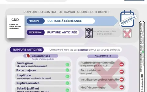 Schéma expliquant la rupture anticipée d'un CDD. Le principe est la rupture à l'échéance, l'exception est la rupture anticipée. Les cas autorisés sont listés, contrairement aux cas exclus.
