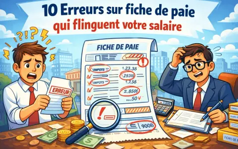 Deux hommes paniqués devant une fiche de paie pleine d'erreurs. Une illustration qui rappelle l'importance de vérifier son salaire, surtout en ce 1er mai, jour de travail pour certains.
