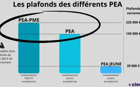 Graphique comparant les plafonds de versement des PEA : PEA-PME (225k€), PEA (150k€) et PEA Jeune (20k€). Il explique comment fonctionne un PEA.