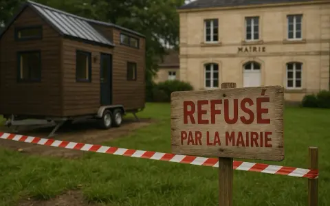 Une tiny house sur roues est devant la mairie. Un panneau indique "Refusé par la mairie", barré par un ruban de sécurité.