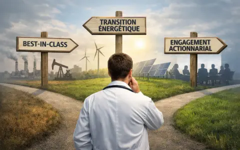 Un médecin réfléchit à un carrefour : industrie polluante, transition énergétique ou engagement actionnarial. Un choix crucial pour le mariage communauté universelle.
