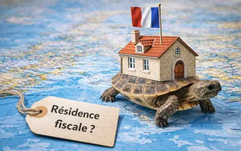Une tortue porte une maison avec un drapeau français, sur une carte du monde. Une étiquette demande : "Résidence fiscale ?".