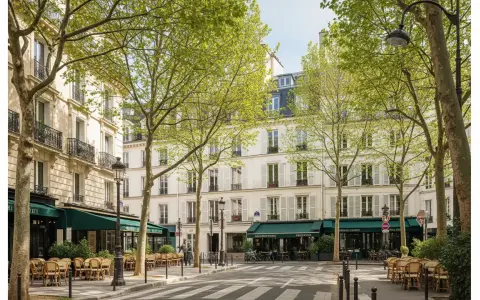 Rue parisienne bordée d'arbres feuillus, immeubles haussmanniens, terrasses de café. Un décor idéal pour rêver à comment acheter un appartement.