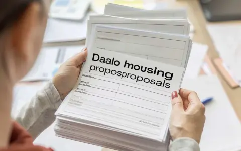 Une personne examine une pile de documents intitulés "Daalo housing proposproposals". Difficile de dire combien de propositions de logement DALO sont incluses.