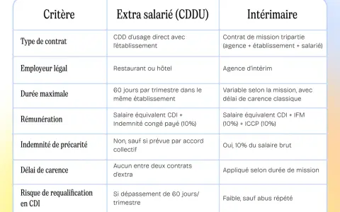 Tableau comparant les critères d'un contrat extra salarié (CDDU) et d'un contrat intérimaire, incluant le type de contrat, la rémunération et le risque de requalification en CDI.