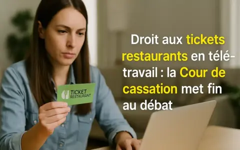 Une femme tient un ticket restaurant devant son ordinateur, illustrant le droit aux tickets restaurant en télétravail.