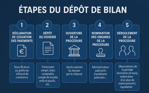 Les étapes du dépôt de bilan d'une SARL et les conséquences pour le gérant : déclaration, dépôt du dossier, ouverture, nomination des organes, déroulement.