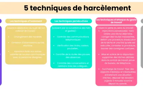 Infographie listant 5 techniques de harcèlement au travail : relationnelles, isolement, persécutives, attaque du geste de travail, punitives. Exemples concrets de harcèlement moral au travail.