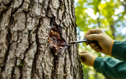 Une main gantée prélève de la résine sur un vieil arbre. Peut-on abattre un arbre de plus de 30 ans ? La nature a ses secrets.