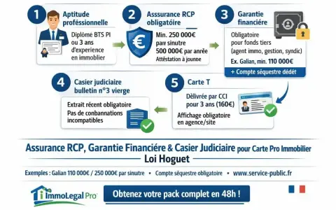 Schéma des 5 étapes pour obtenir le statut d'agent commercial immobilier : aptitude, assurance, garantie, casier judiciaire, carte T.