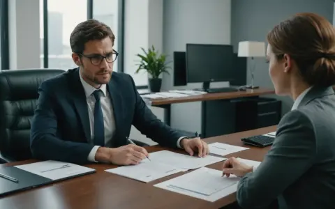 Un homme en costume signe un document, possiblement une modification du contrat de travail, face à une femme dans un bureau moderne.