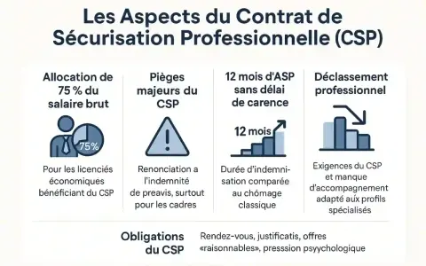Infographie sur le CSP : allocation 75%, pièges majeurs (renonciation indemnité), 12 mois d'ASP sans carence, déclassement professionnel, obligations.