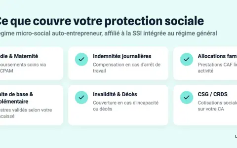 Protection sociale de l'auto-entrepreneur : maladie, retraite, indemnités journalières, allocations familiales, CSG/CRDS, et couverture en cas d'invalidité catégorie 1 ou de décès.