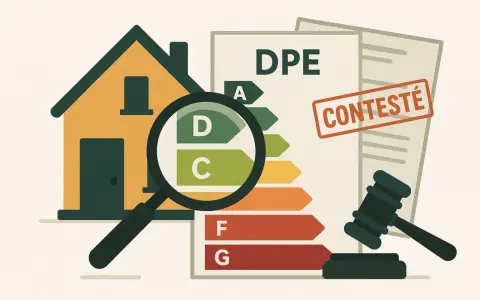 Maison sous loupe, DPE contesté, marteau de juge. Illustration de jurisprudence DPE erroné.