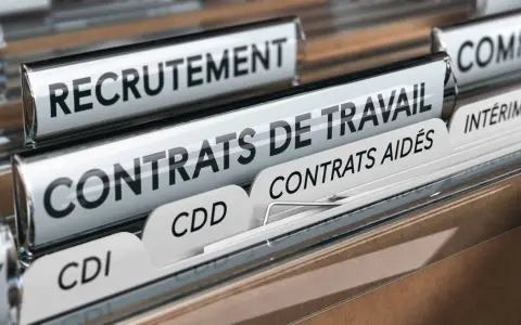 Dossiers de classement : Recrutement, Contrats de travail (CDI, CDD, Contrats aidés), Intérim. Un aperçu des documents essentiels du droit du travail.