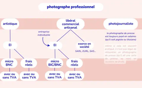 Schéma des statuts de photographe : artistique, libéral, commercial, artisanal, photojournaliste.