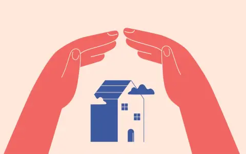 Deux mains protègent une maison bleue stylisée, symbolisant un congé pour reprise ou une protection.