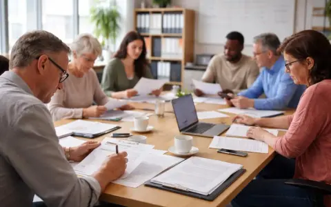 Réunion de copropriété : un homme signe un document, tandis que d'autres examinent des papiers. Le PV de la réunion de copropriété non conforme est peut-être en cours de discussion.
