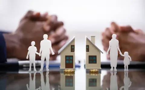 Figurines de famille séparées par une maison coupée en deux, symbolisant une convention d'indivision divorce. Mains floues en arrière-plan.