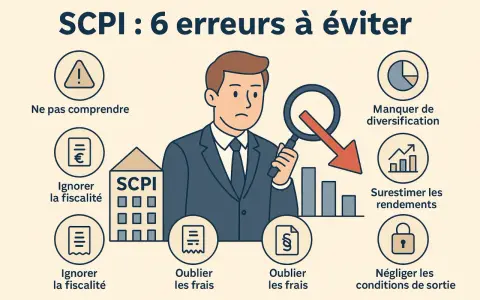 Illustration sur les erreurs à éviter en SCPI, incluant l'ignorance de la fiscalité. Un homme examine des graphiques avec une loupe.