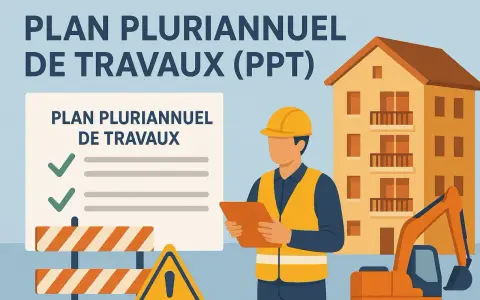 Un ouvrier consulte un plan pluriannuel de travaux devant un immeuble en construction. Une pelleteuse est visible.