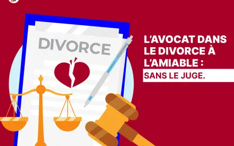 L'avocat facilite le divorce à l'amiable, sans le juge. Balance de justice, cœur brisé et document de divorce symbolisent cette démarche.