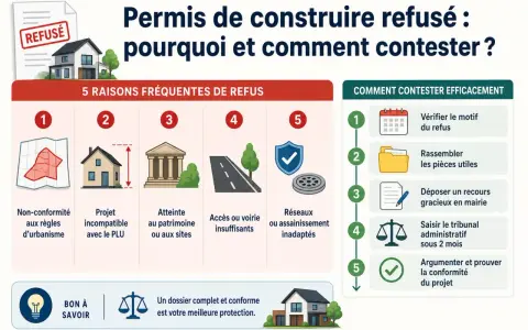 Permis de construire refusé : 5 raisons et comment contester. Déposer un recours administratif en mairie sous 3 mois est possible.