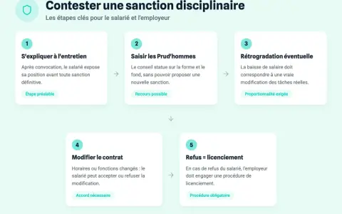 Infographie expliquant les étapes pour contester une sanction disciplinaire : entretien, Prud'hommes, rétrogradation, modification de contrat, licenciement.